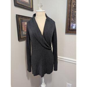 Cache Dark Gray Shawl Collar Tunic Sweater – XS Wrap, Lace-Up Side, Ribbed Knit